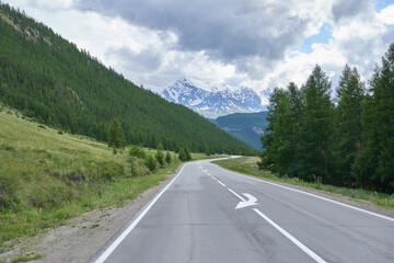 Mountain road in the Altai Republic, Russia. Summer landscape.