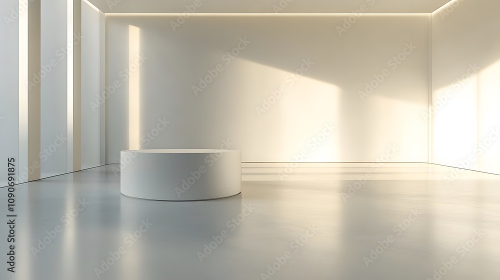 Poster 99. a minimalist white podium with smooth, clean surfaces and soft lighting creating an empty space 