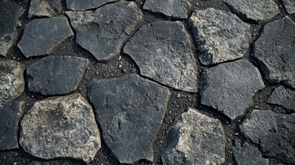 A close-up view of uneven, dark stone pavement with a rugged texture.