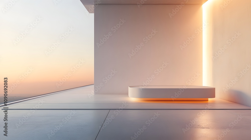 Poster 99. a minimalist white podium with smooth, clean surfaces and soft lighting creating an empty space 