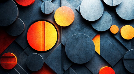 Un colorido cuadro abstracto con un motivo geométrico en forma de ondas y una variedad de círculos y cuadrados de distintos colores.
Pintura con textura grunge y envejecida.