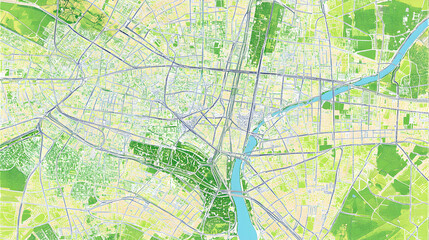 Fototapeta premium Detailed City Map Illustration with Green Spaces and a Winding River in the Urban Landscape