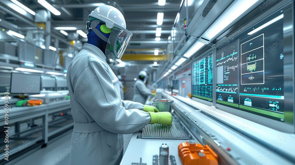Aufkleber A factory floor with a worker in overalls and a helmet operating machinery, displaying various components on digital screens.