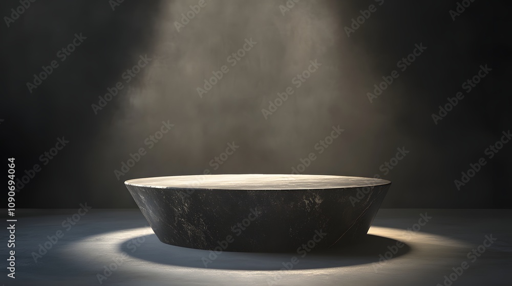 Aufkleber 79. a simple podium with a matte stone finish, lit by soft light from above, with open space for a p