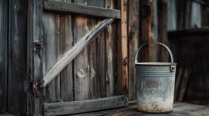 Naklejka premium Rustic Wooden Shed Exterior with Old Weathered Metal Bucket