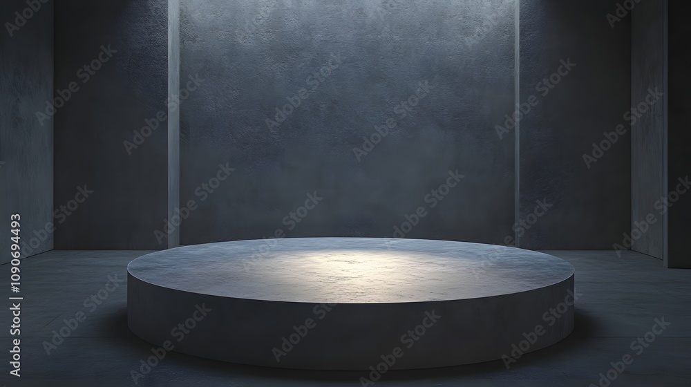 Poster 79. a simple podium with a matte stone finish, lit by soft light from above, with open space for a p