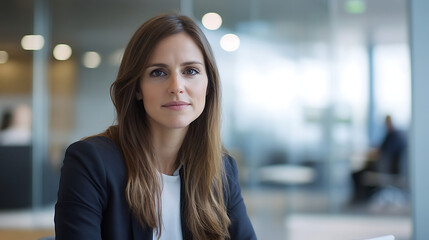 Fototapeta premium A female advisor discussing investment strategies with her clients in a modern office, her expression confident and calm, light neutrals for a professional and trustworthy feel 