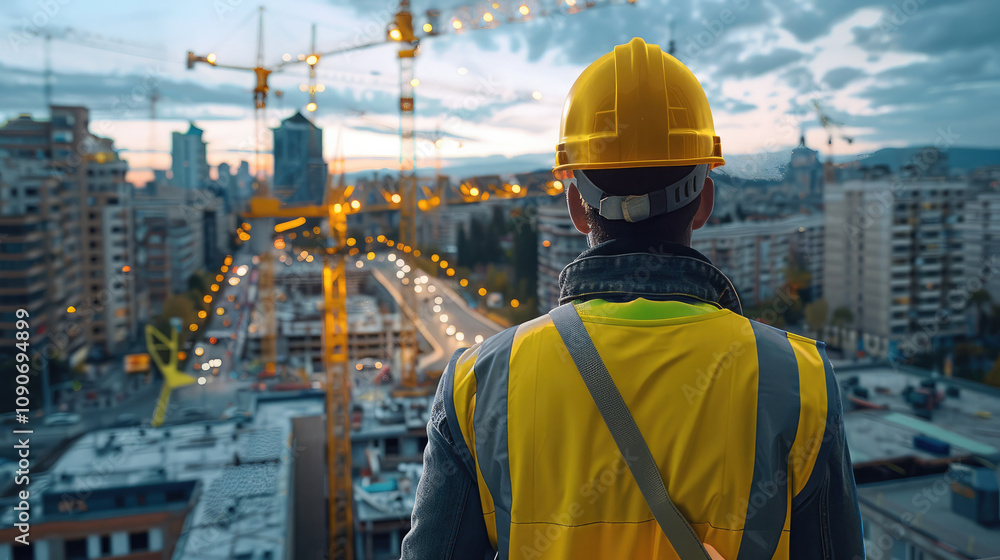 Poster a construction worker in a yellow hard hat and reflective safety vest stands overlooking a bustling 