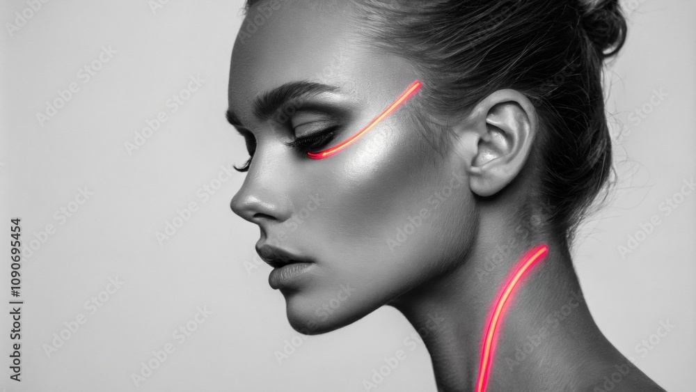 Aufkleber the models profile exudes sophistication with a brilliant neon accent tracing the contour of the che
