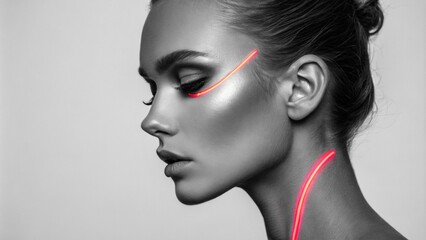 The models profile exudes sophistication with a brilliant neon accent tracing the contour of the cheekbone enhancing the depth and structure of the face against a stark background.