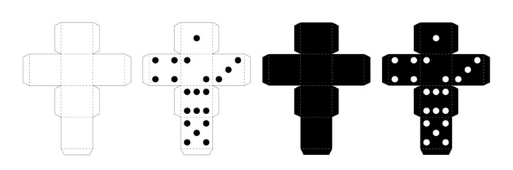 Paper cube template to make box vector illustration set. White and black printable schemes to cut dice with blank edges and edges with number dots for board game isolated on transparent background.
