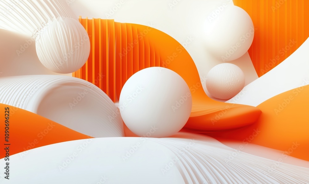 Poster abstract composition with white spheres and orange curves, featuring smooth textures and flowing sha