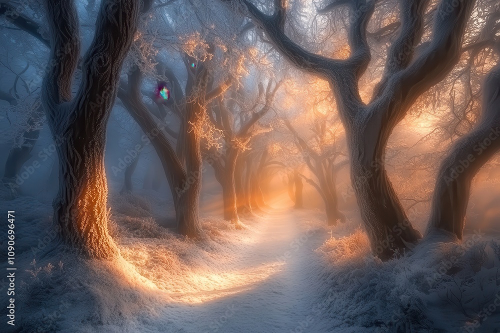 Poster a serene, frosty forest path illuminated by warm light, creating a magical atmosphere.