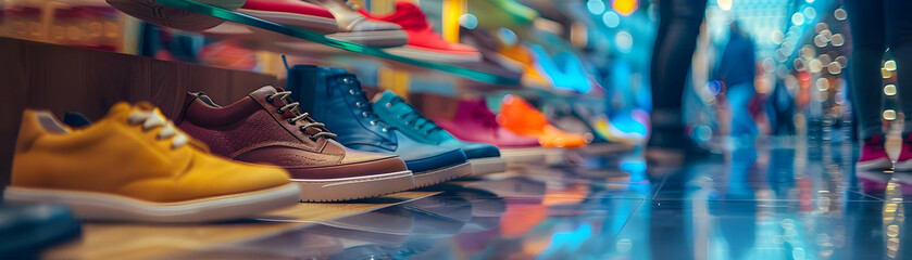 Obraz premium Colorful Leather and Fabric Shoes Displayed on a Glass Shelf in a Store
