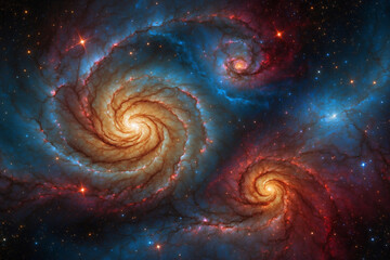 Connected stars with molten plasma streams, golden with red and blue edges; pastel-colored galaxy swirls beyond, scattered flares add movement