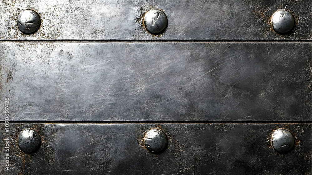 Poster a close-up view of a weathered metal surface with rivets, featuring a scratched and worn texture wit