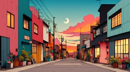 Obraz premium simple line anime background drawing of an alley in Tokyo, with a simple illustration using a purple and blue color palette. 