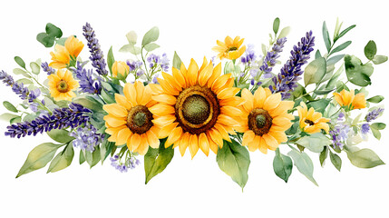 Watercolor Illustration of a Beautiful Bouquet of Sunflowers, Lavender, and Greenery, Arranged in a Horizontal Composition Against a White Background