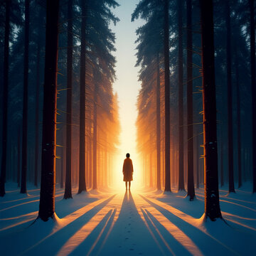 silhouette of a person between trees in a dirth path covered with snow winter sun in the horizon after winterfall 