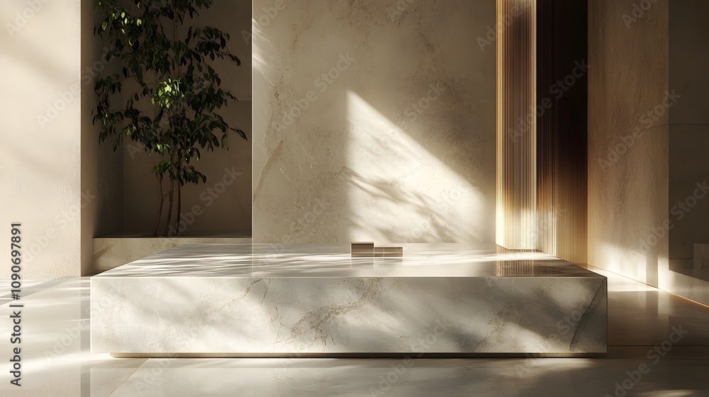 Poster 84. a marble podium with smooth edges, subtle lighting creating soft shadows, leaving ample space fo