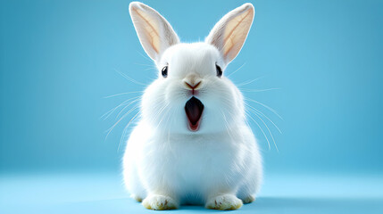 Obraz premium Adorable White Rabbit with Open Mouth Against a Light Blue Background