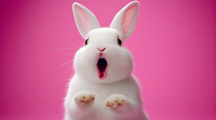 Obraz premium A Close-Up View of a White Rabbit with Pink Ears, Open Mouth, and Pink Paws, Against a Vibrant Pink Background, Creating a Playful and Adorable Image.