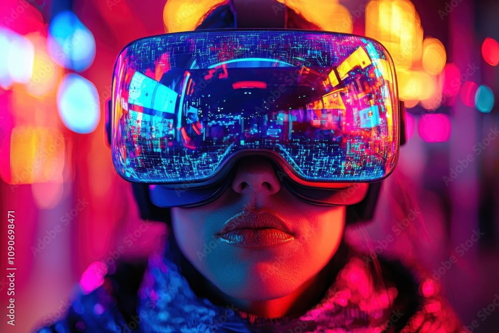 Poster exploring virtual reality experiences urban setting digital art neon environment close-up view immer