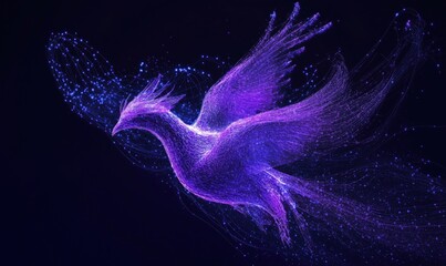 Digital phoenix soaring through space, vibrant purple hues, intricate light trails, ethereal design, abstract art