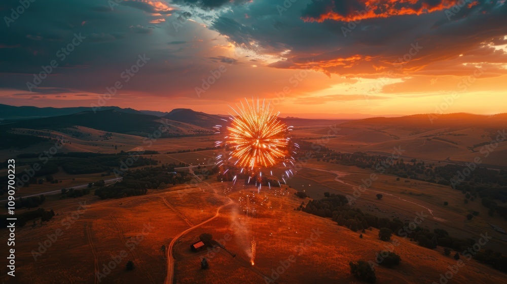 Poster an aerial view of a fireworks display exploding over a rural landscape at sunset.