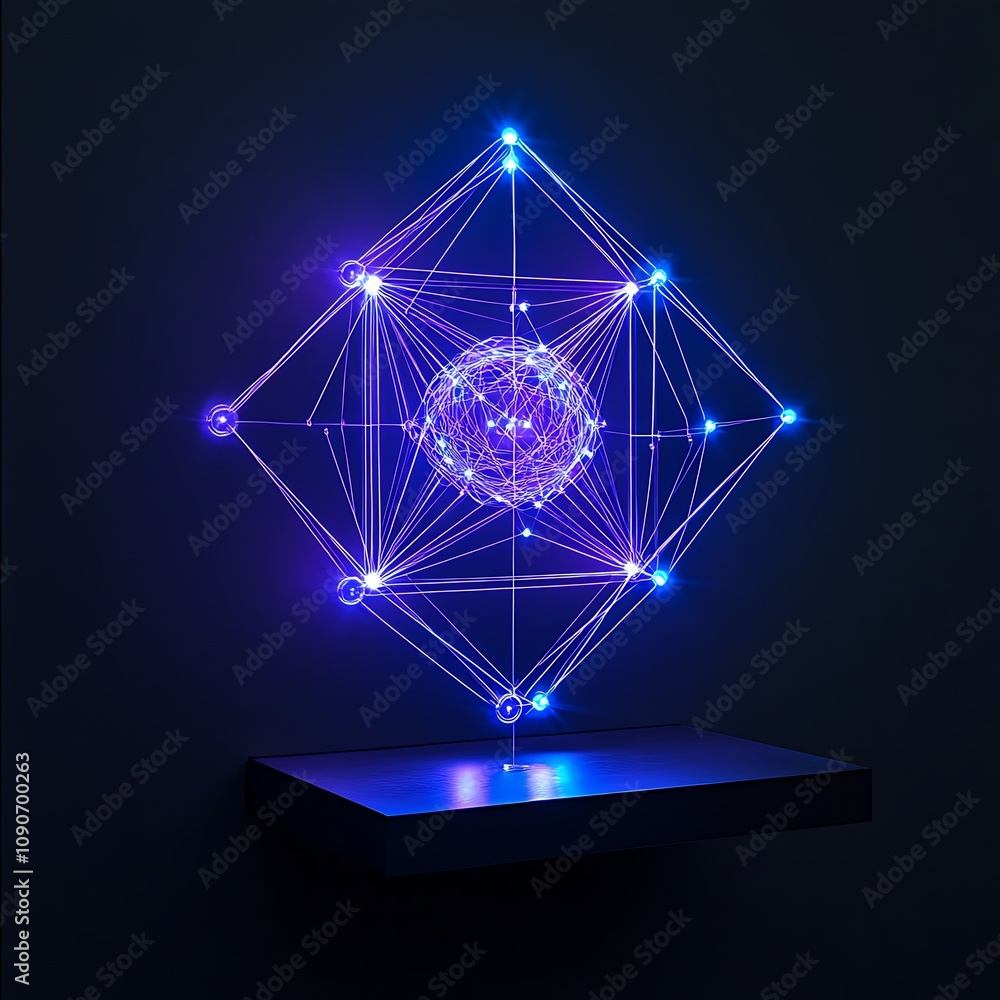Poster abstract 3d render of a connected sphere with glowing nodes and lines on a dark background, represen