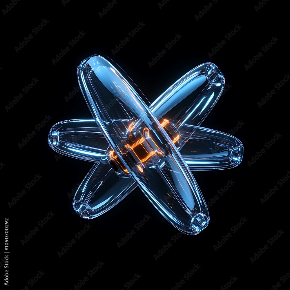 Poster abstract 3d model of a colorful atom design with transparent and orange elements set against a black