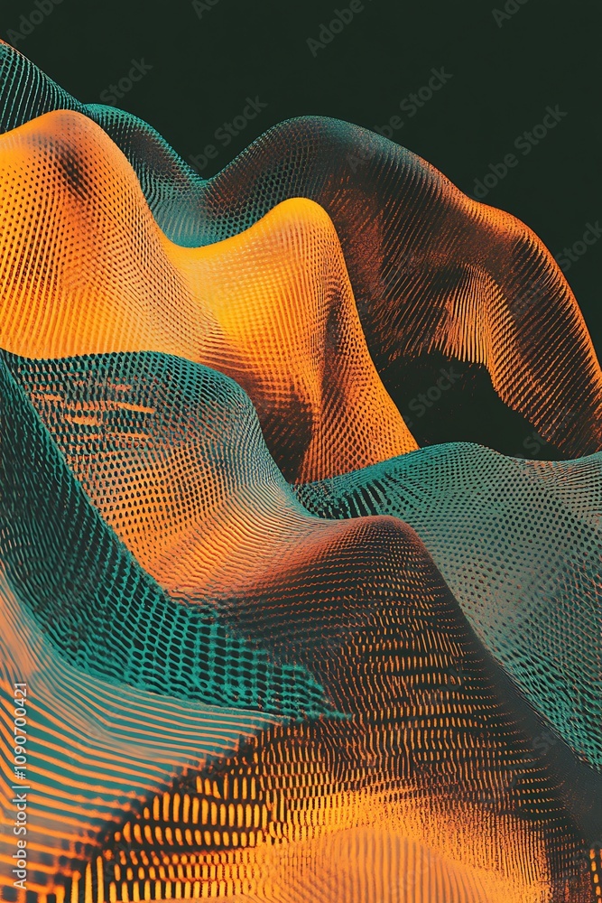 Aufkleber abstract 3d render of colorful wavy surface with vibrant gradients and grid pattern, showing flow an