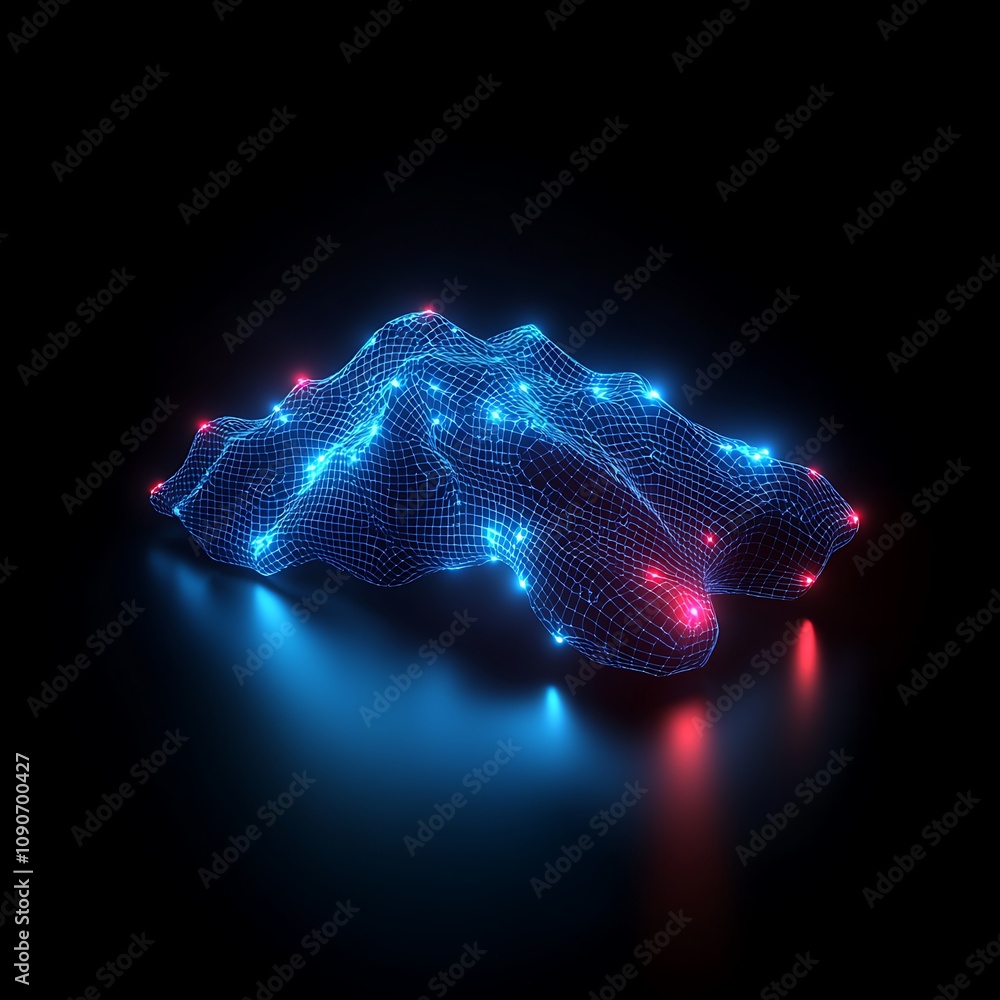 Poster abstract 3d representation of a digital terrain with neon lights and geometric patterns for technolo