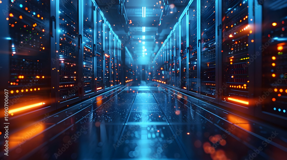Aufkleber 3d render of a futuristic server room with glowing lights, showcasing data center technology and net