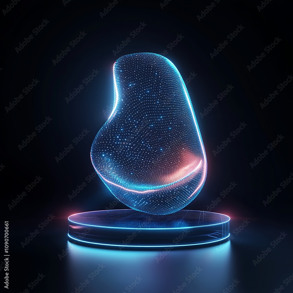 Poster abstract 3d shape with neon lights and dots on display in dark background, futuristic digital art pi