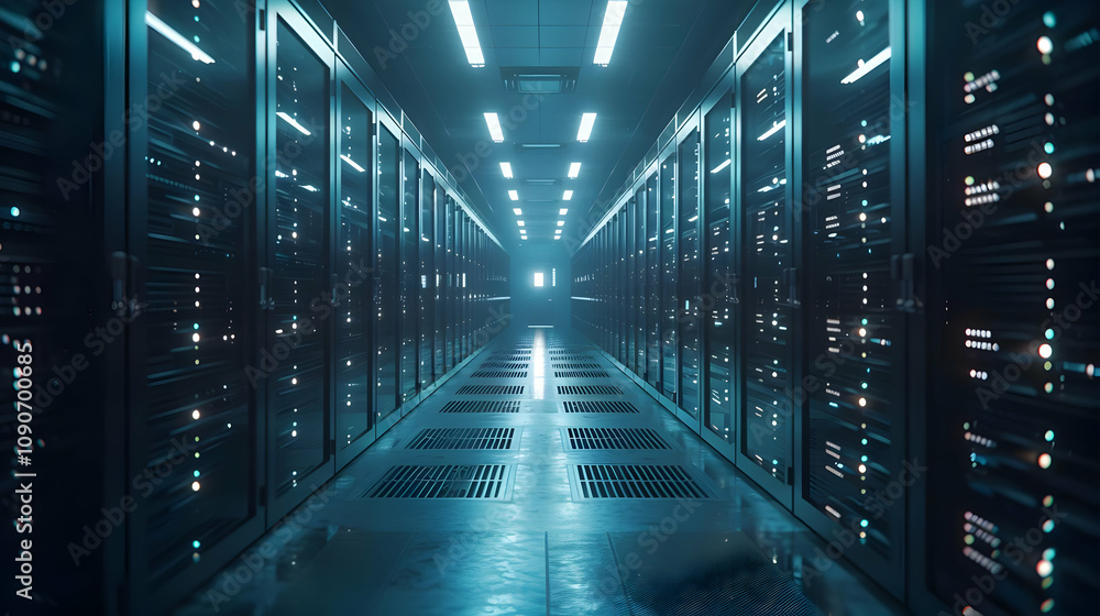 Poster 3d render of a modern server room: rows of illuminated servers in a data center corridor, glowing bl