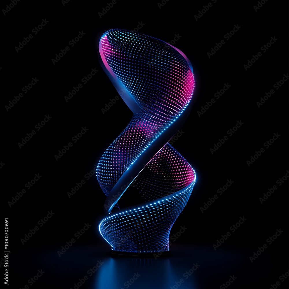 Poster abstract 3d spiral sculpture with neon light patterns in a dark environment for modern art and desig