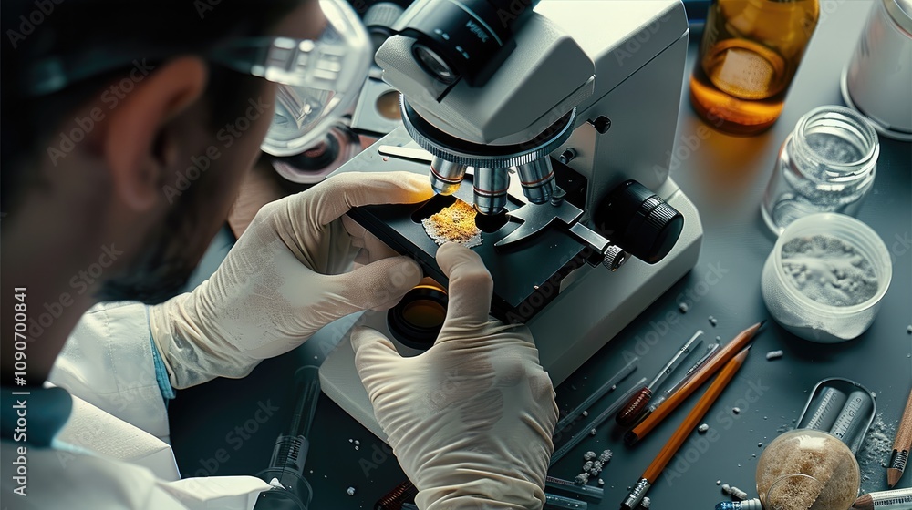 Poster A scientist is working in the laboratory using a microscope to study a slide from a crime scene, examining evidence such as climbing chalk and graphite from a pencil.