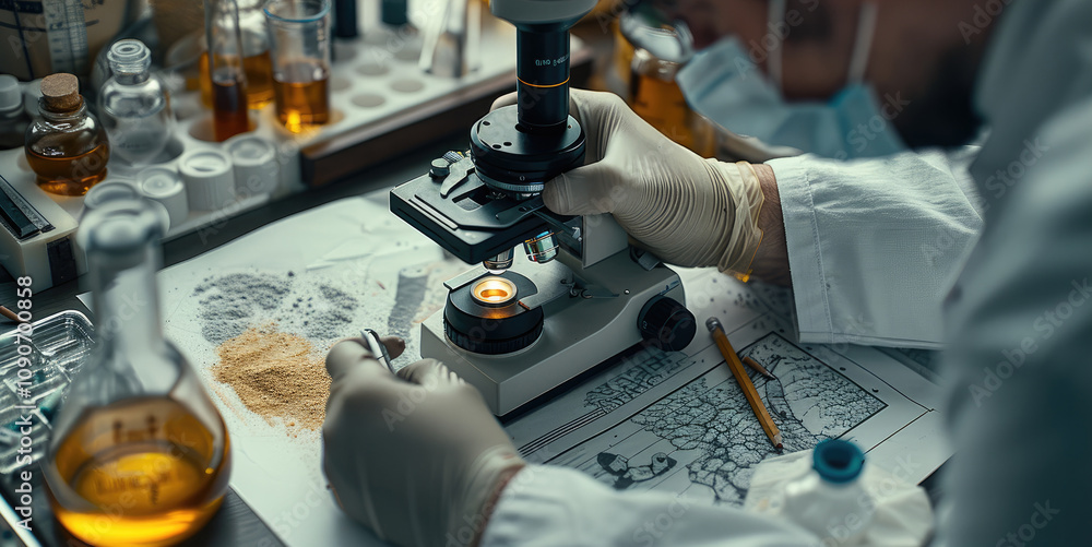Aufkleber A scientist is working in the laboratory using a microscope to study a slide from a crime scene, examining evidence such as climbing chalk and graphite from a pencil.