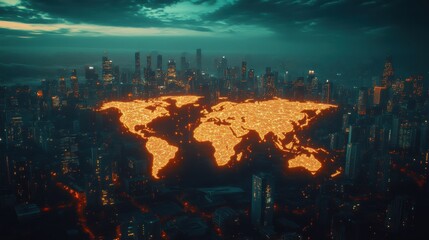 Futuristic Cityscape Global Network Illuminated World Map