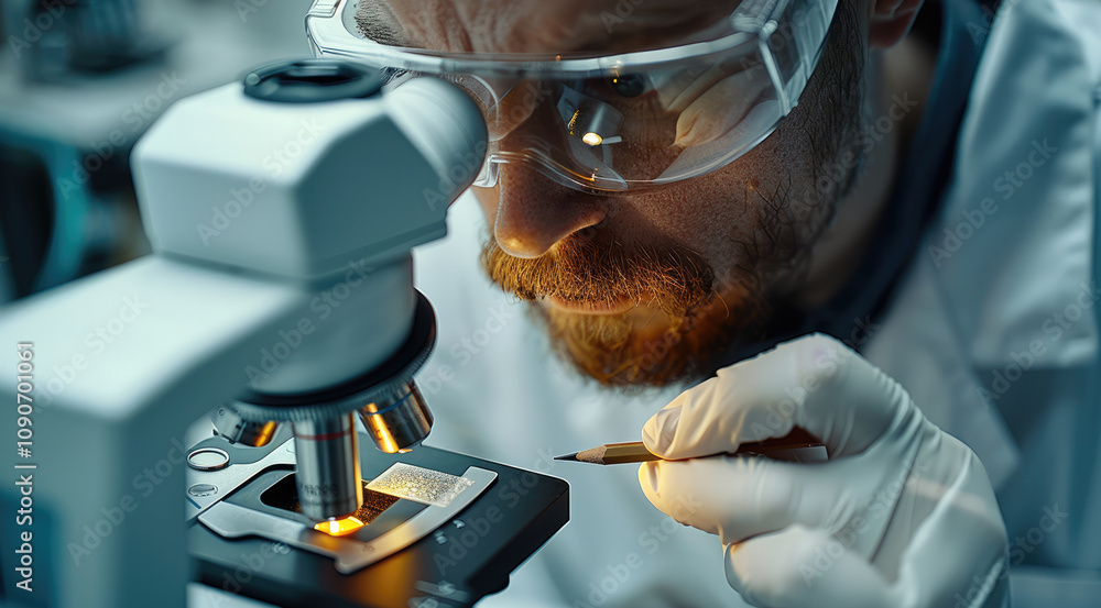 Aufkleber A scientist is working in the laboratory using a microscope to study a slide from a crime scene, examining evidence such as climbing chalk and graphite from a pencil.