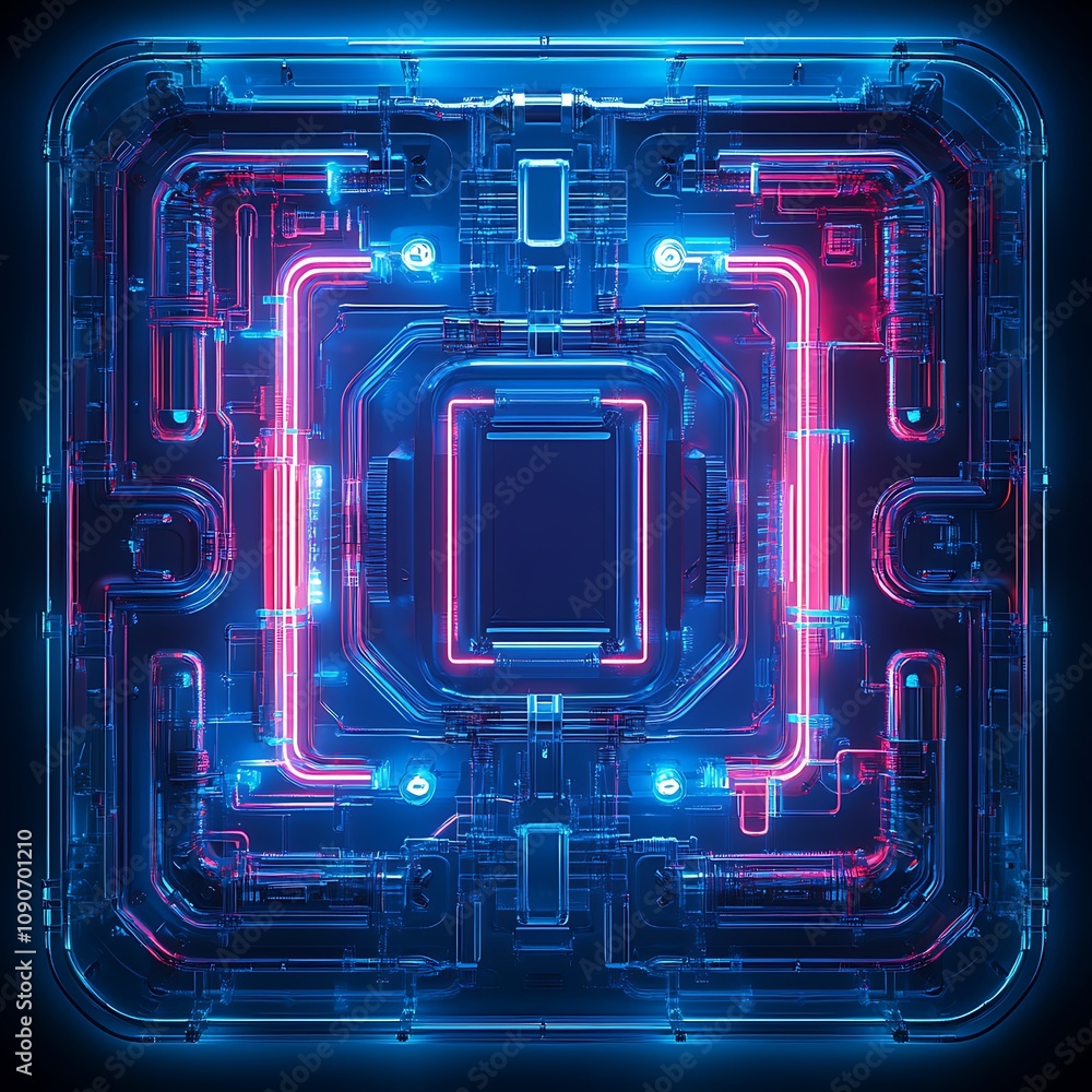 Poster abstract circuit board design glowing with vibrant blue and red light, showcasing intricate patterns
