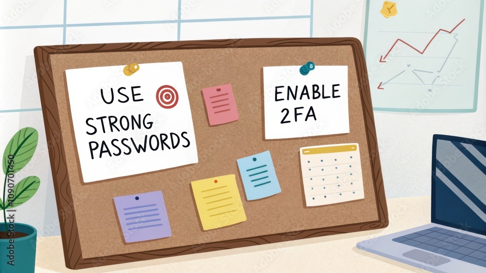 Poster top security tips a list of security tips on a bulletin board including phrases like use strong pass