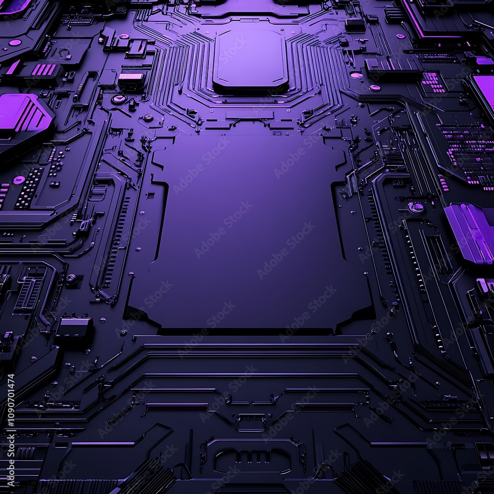 Poster abstract close-up of a futuristic circuit board showcasing intricate patterns and glowing purple acc