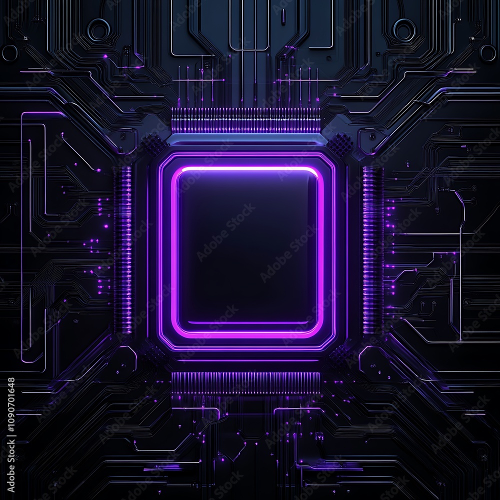 Poster abstract close-up of a futuristic computer chip with neon purple glow and intricate circuit patterns