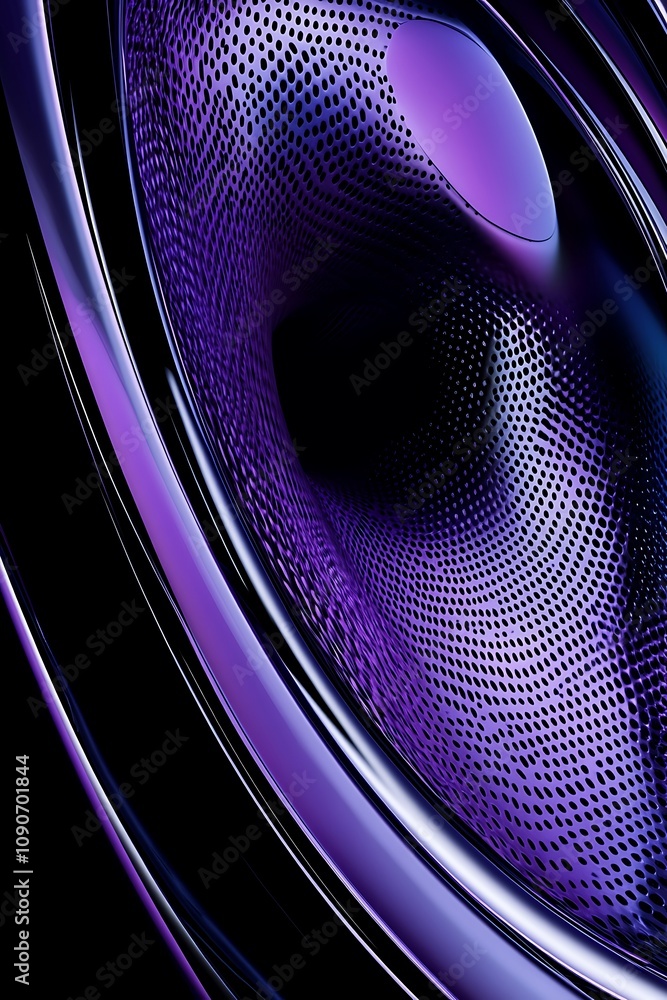 Poster abstract close-up of a speaker cone with intricate patterns and vibrant purple lighting set against 