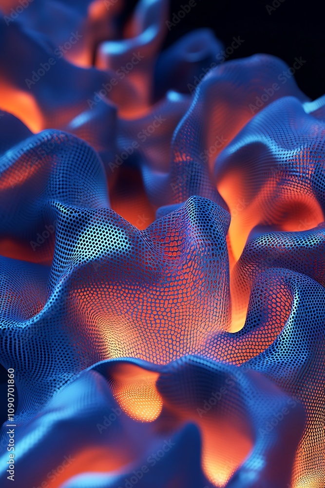 Poster abstract close-up of a textured surface illuminated by glowing orange and blue light creating a mesm