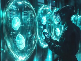 Fototapeta premium Artificial wombs nurturing embryos in glowing pods in a futuristic lab observed by scientists