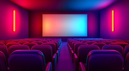 Fototapeta premium Empty movie theater with vibrant neon lighting and a blank screen. Generative ai