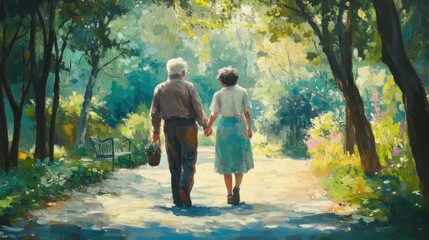 Fototapeta premium Elderly couple enjoying a peaceful afternoon walk in the park